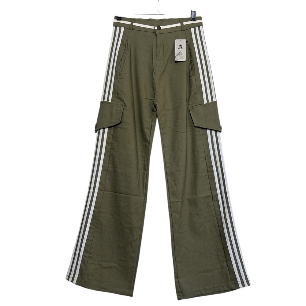 Wide Leg Olive Green Faux Pocket Cargo Pants with White Stripes and Pockets